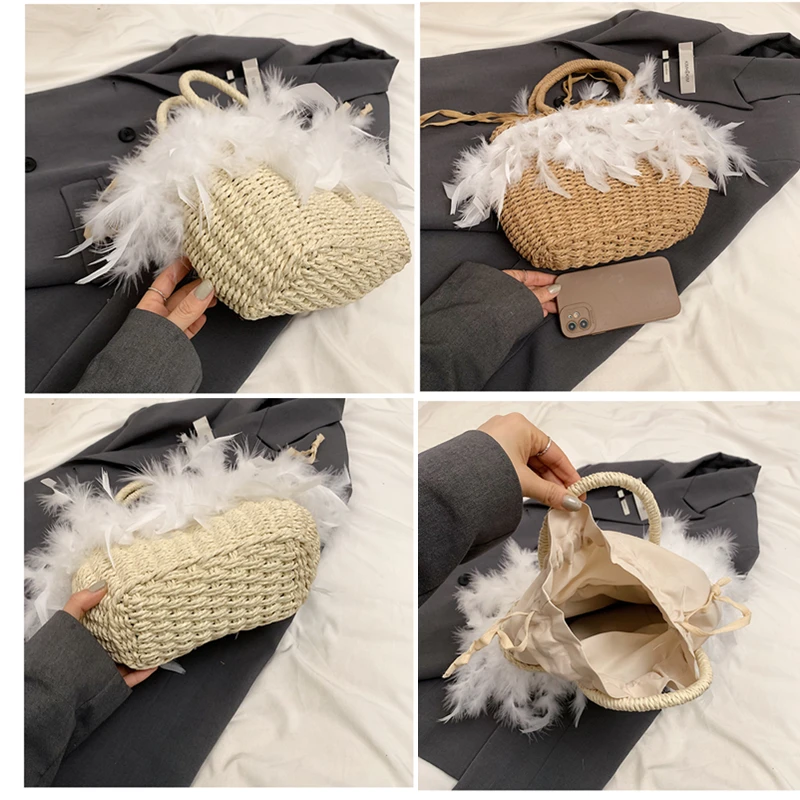 New Feather Design Summer Large Capacity Tote Bag Women  Luxury Handmade Woven Bag Handheld Travel Grass Woven Female Basket