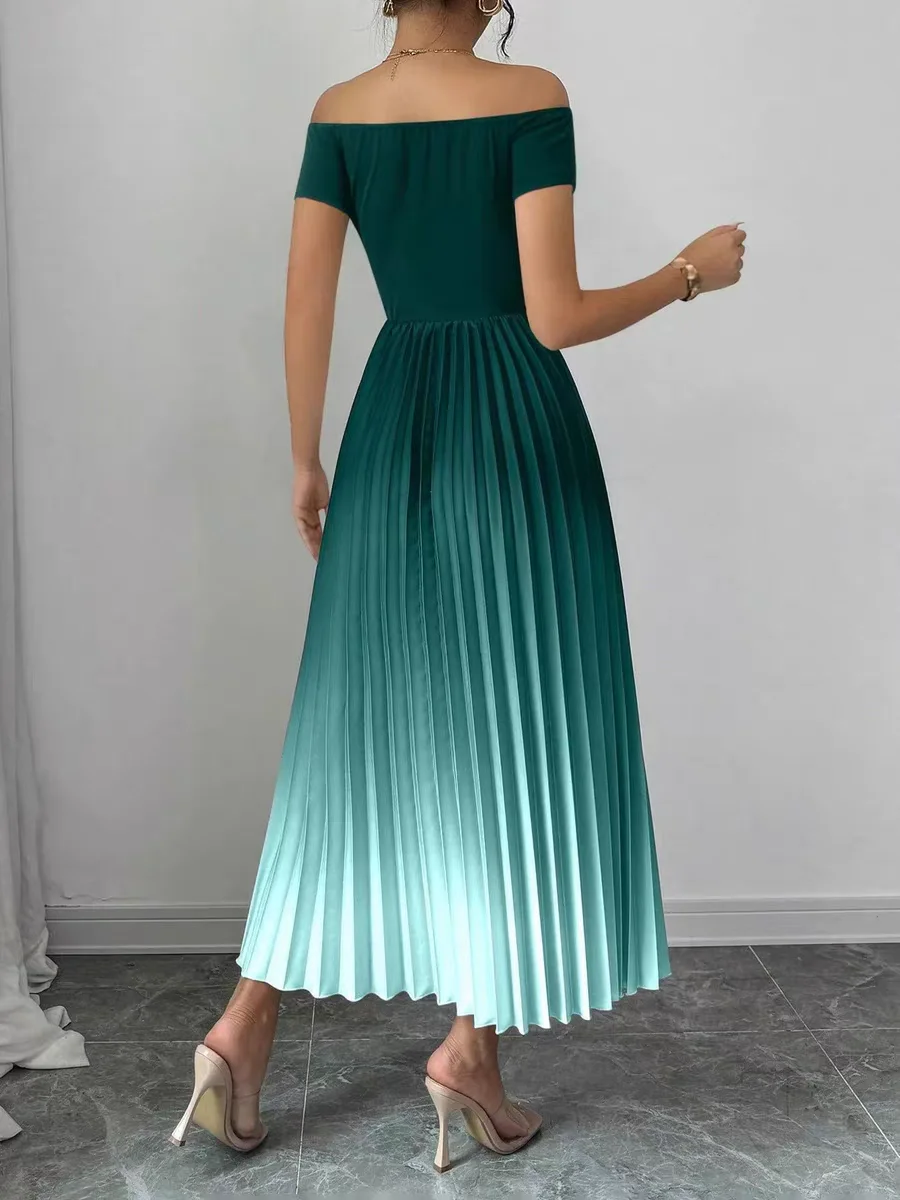 customized evening dress green gradient off-the-shoulder pleated midi dress with color transition for modern