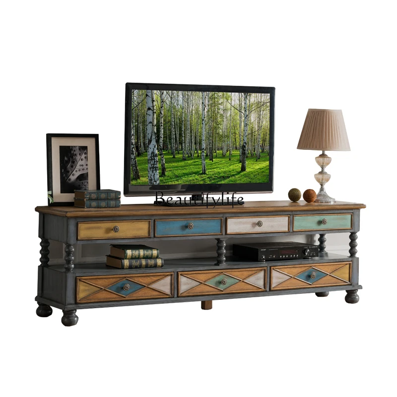 

Retro solid wood painted TV cabinet living room Mediterranean old floor cabinet