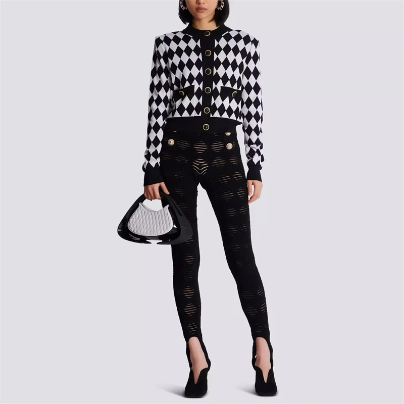 Autumn new women\'s round neck diamond plaid long sleeve knitted cardigan y2k high quality fashion casual wool sweater jacket