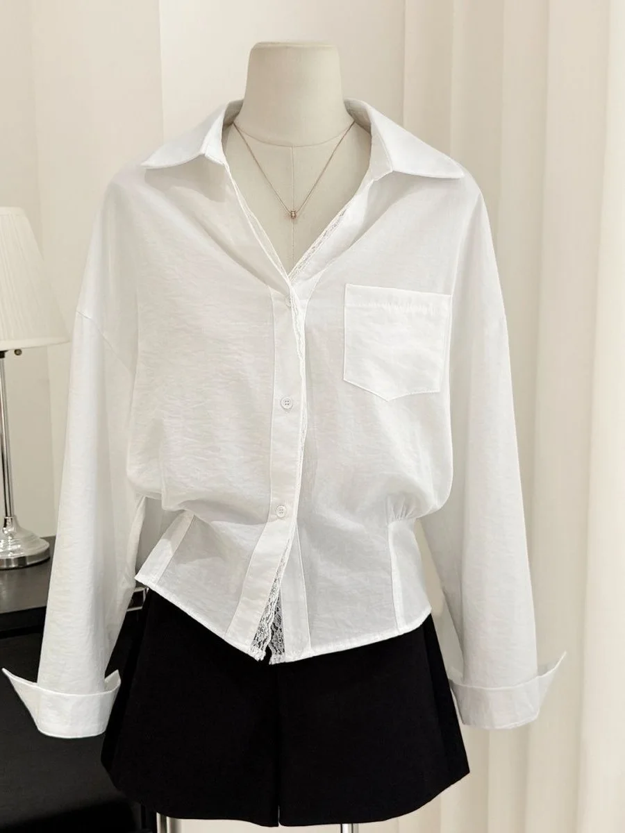 

Slim Fit Lace Collar Open Cardigan Shirt Women's Fashion Design Waist Cinching Long Sleeve Spring New Arrival Top