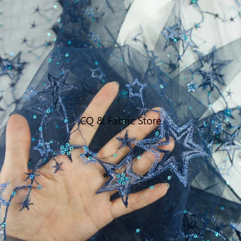 

1yard 130cm Wide Quality Mesh Three-dimensional Embroidery Stars Sequined Lace Fabric Diy Nigeria Beach Dress Evening Dress Lace