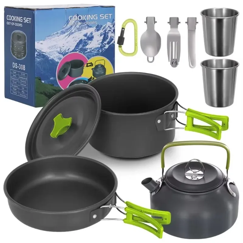 

Portable Lightweight Aluminum Outdoor Camping Pot set Camping Cookware with Stainless steel cup forks and spoons