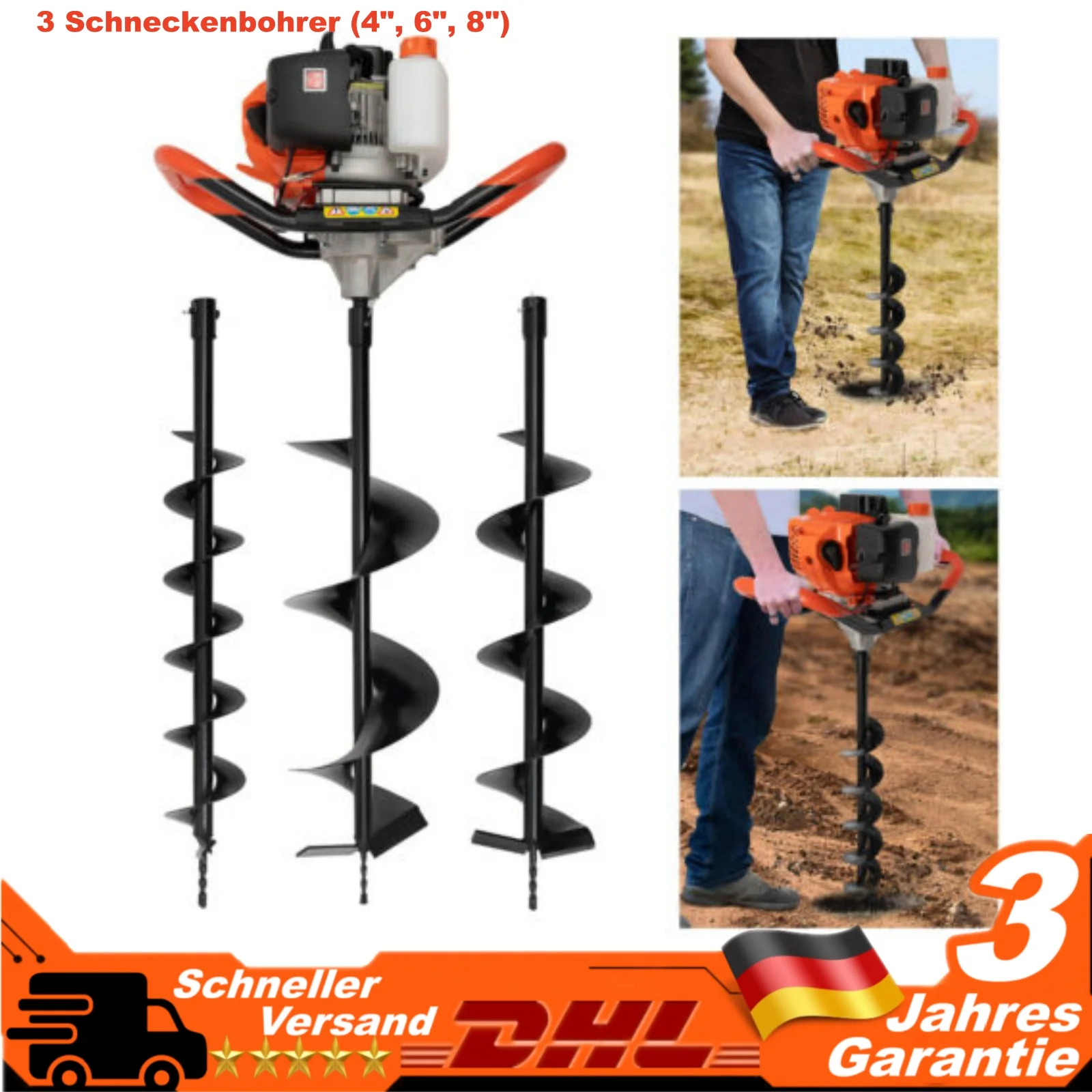 

2-stroke Earth Auger Gasoline Powered Hole Digging Hine 52cc 2.3HP With 3pcs Drill Bits 3.9" 5.9" 7.9" And Extension Bar