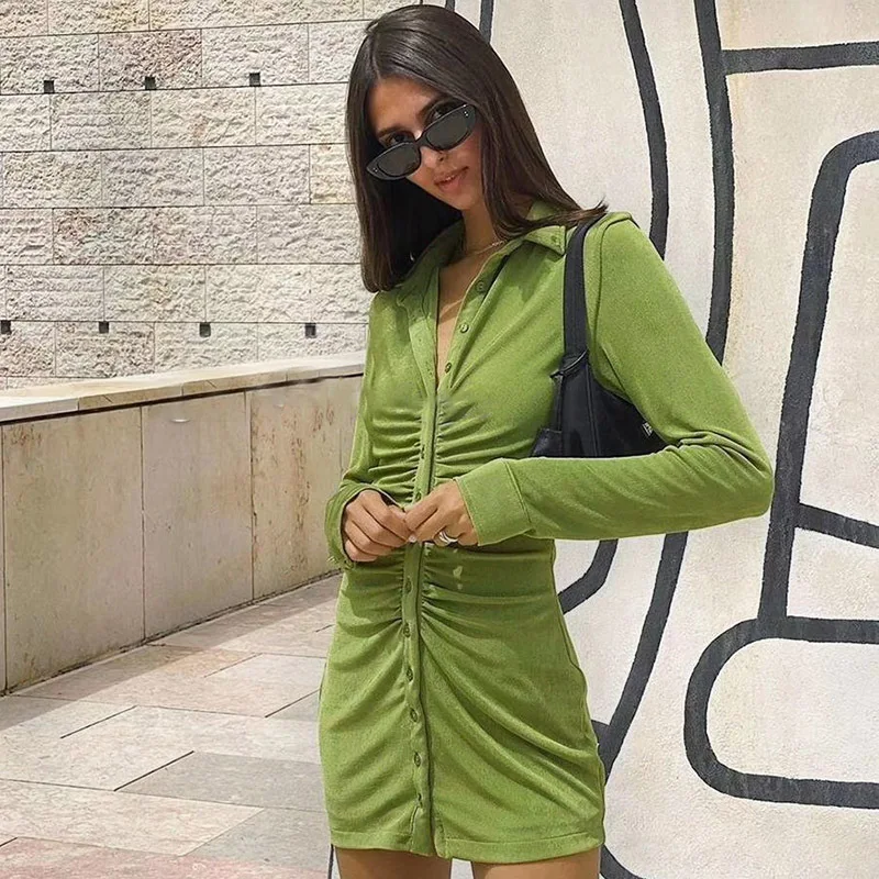 

Slim Fit irt Collar Temperament Dr Женский плиссированный irt Collar Dr Street Sle Long Sve средней длины Весенняя одежда