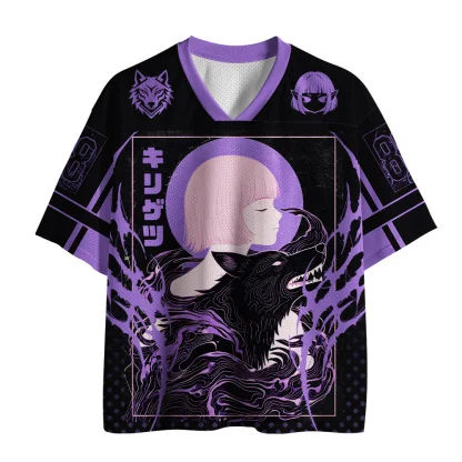 Mesh V Neck Short Sleeve Jersey, Anime Girl Black Wolf Japanese Print Tee, Punk Streetwear Loose Breathable Sports Top