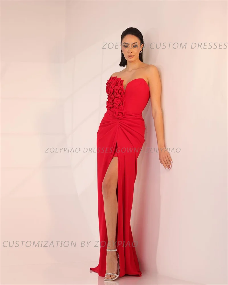 Elegant Red Satin Mermaid Evening Dresses For Women Front Slit Sleeveless 3D Flowers Party Long Luxury Prom Gowns