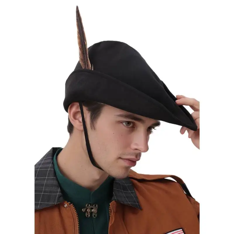 

DAZCOS Робинская шляпа с капюшоном и перьями, шляпа эпохи Возрождения, фетровая средневековая кепка, немецкий костюм, аксессуар для Хэллоуина для взрослых
