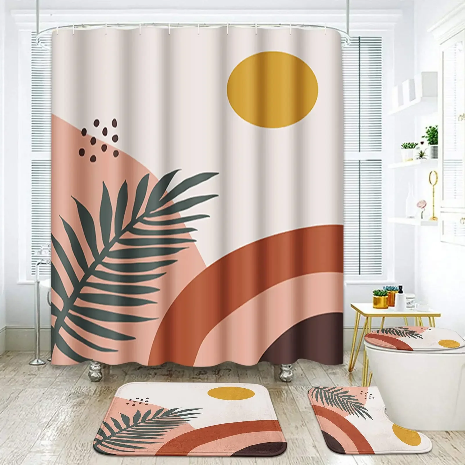 Mid Century Shower Curtain Set Boho    with Mat Rug,Abstract Waterproof Bathroom   ,Retro Orange