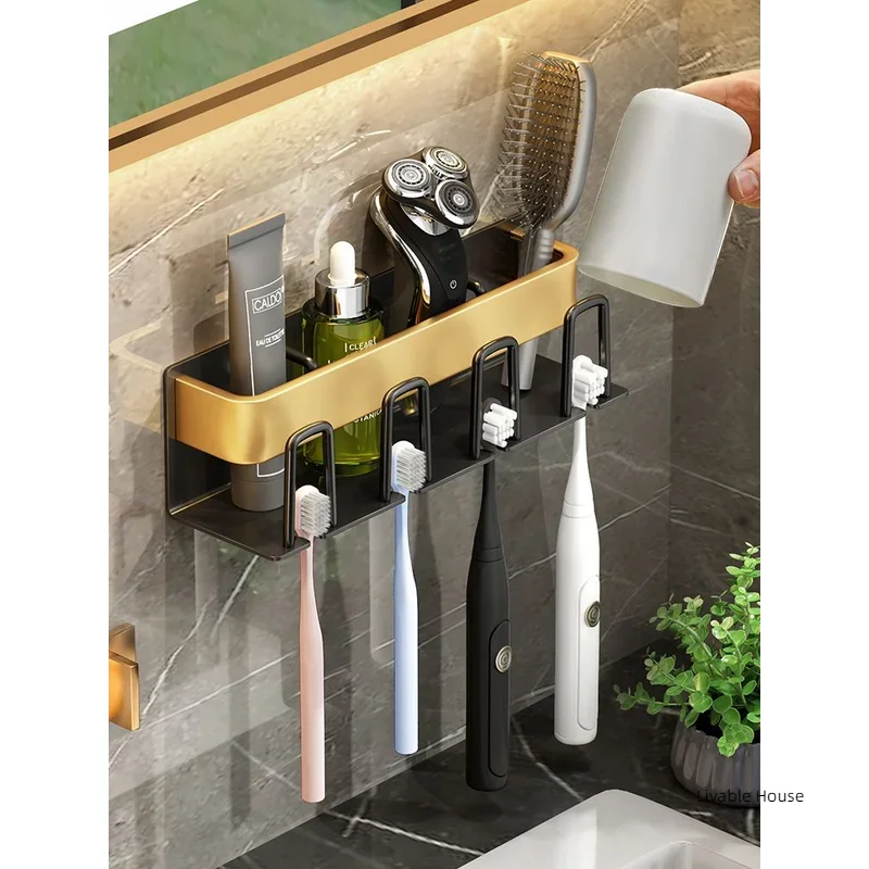 

Toothbrush Rack Toilet Hole-free Suction Wall-mounted Space Aluminum Electric Toothbrush Gold Holder Mouthwash Cup Tooth Holder