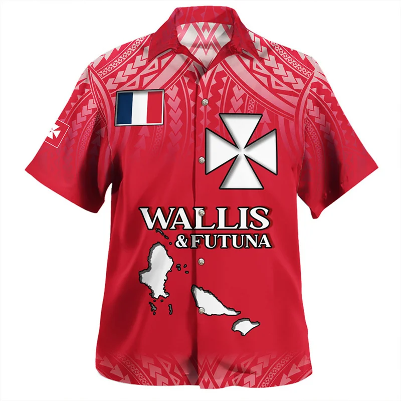 Camisas estampadas com a bandeira Wallis e Futuna 3D masculina, camisas curtas com emblema gráfico, top de roupas legais, Harajuku, novo, verão