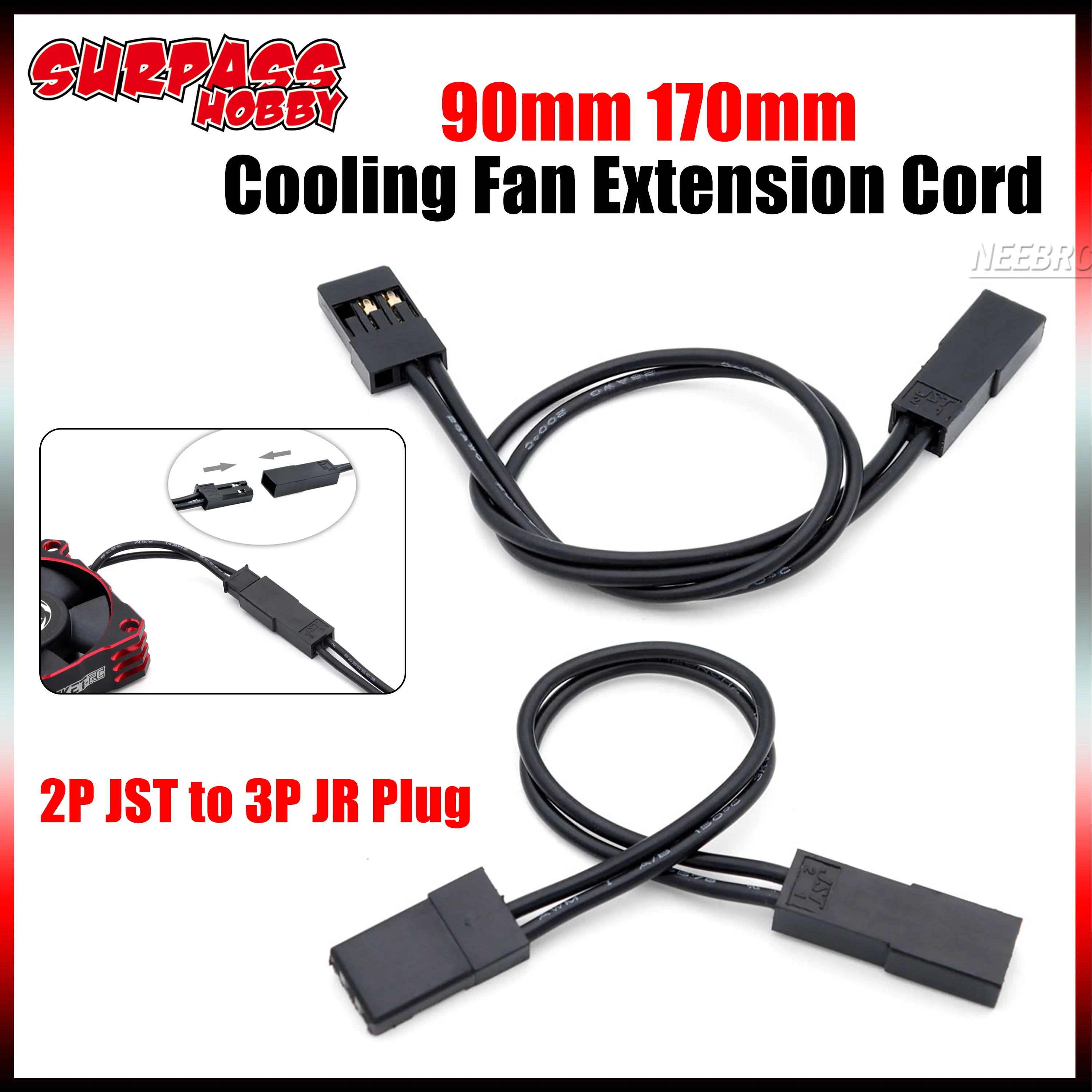 90mm 170mm Cooling Fan Extension Cord Cable 26AWG Silicone Wire 2P JST To 3P JR Plug for RC Car Truck Aircraft Quadcopter Motor