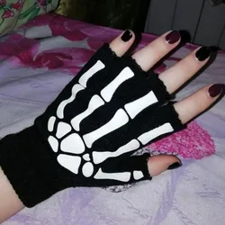 Adult Kids Halloween Skeleton Skull Half Finger Luminous Punk Gloves for Women Men Winter Skull Fingerless Black Mitten Gloves
