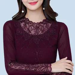New 2026 Spring Long Sleeved Women's T-Shirt Elegant Slim Sexy Embroidery Hot Diamond Tops M-5XL Knitted Tees Bluses