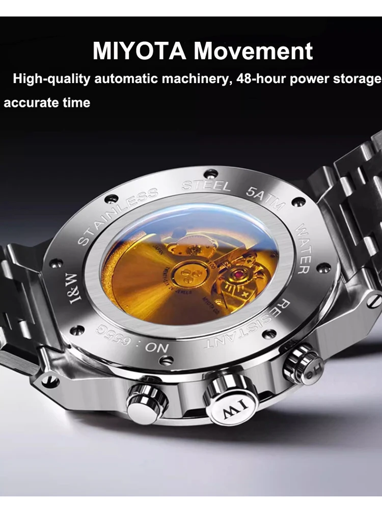 IW Men\'s Automatic Mechanical Watch Waterproof Stainless Steel Strap Men\'s MIYOTA Mechanical Watch Fashion Reloj Hombre