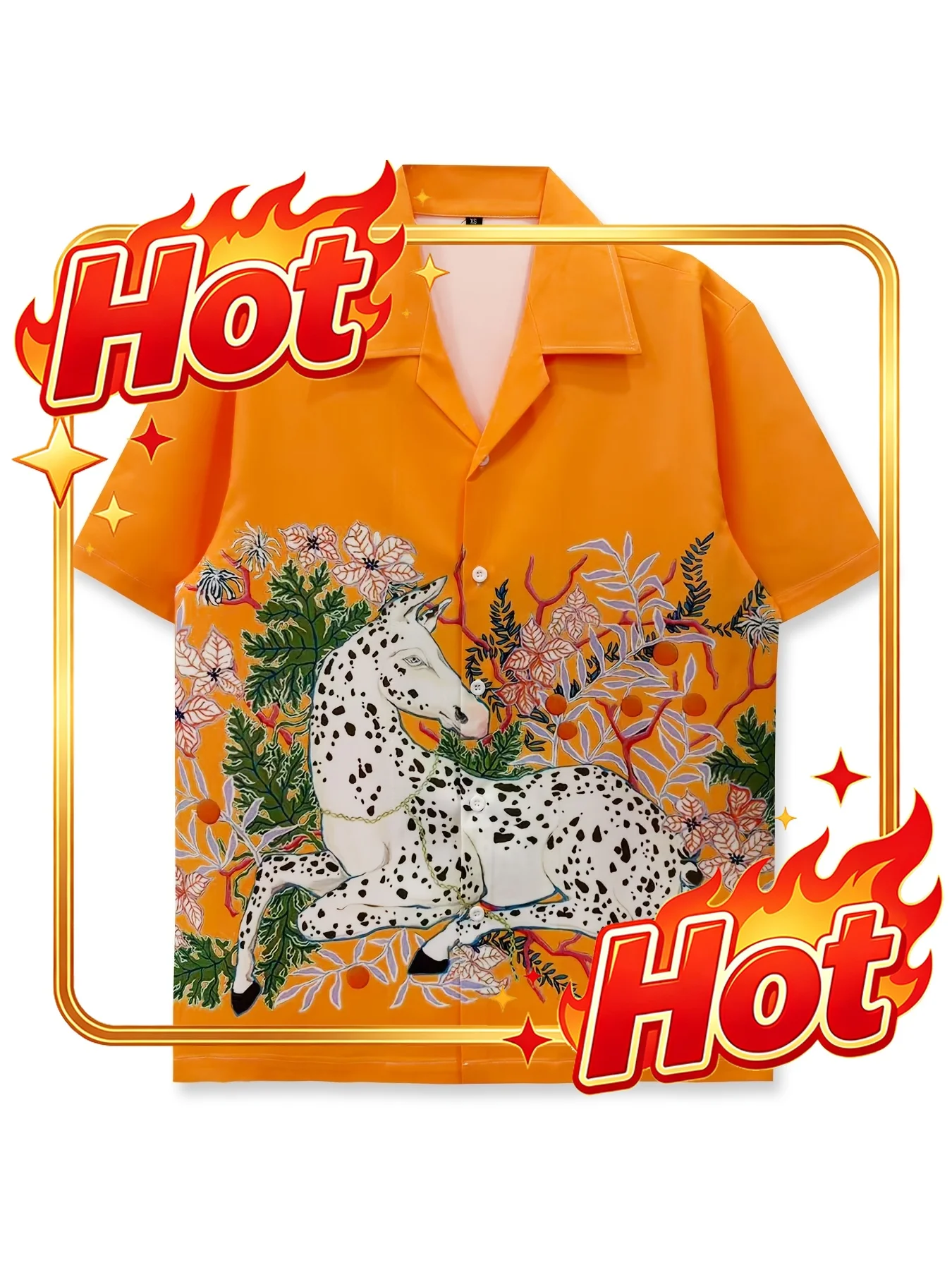 Print Shirt, Orange, Vintage Style, Horse Pattern, Flowers, Retro Classic, Vacation Shirt, Minimalist Fashion, Mature And Elegan