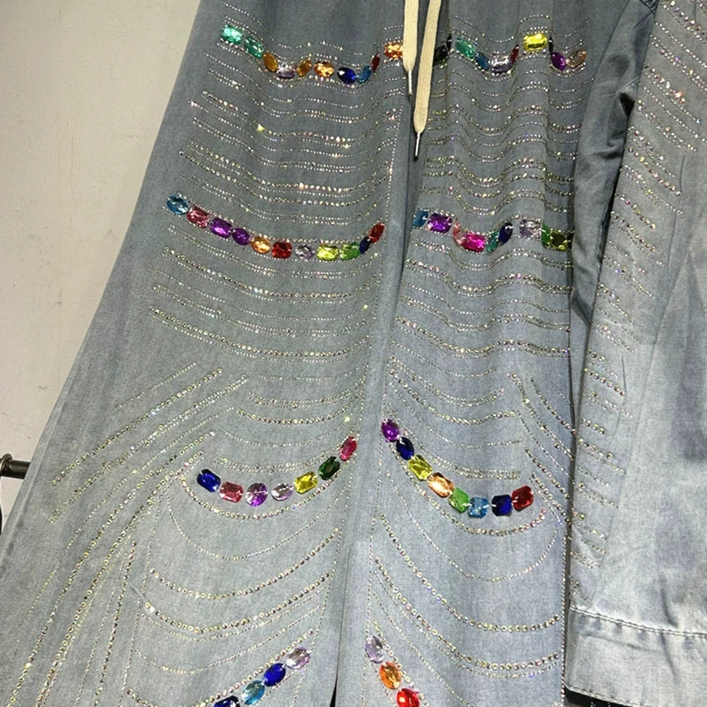 Conjunto de dos piezas de camisa vaquera de manga larga holgada con diamantes de color diamante caliente de diseño pesado + pantalones vaqueros-GZTZ039