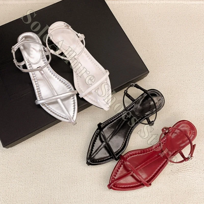 

Women Black Pointed Toe Flat Sandals Crisscross Strap Ankle Buckle Minimalist Summer Non-Slip Comfy Walking Shoes