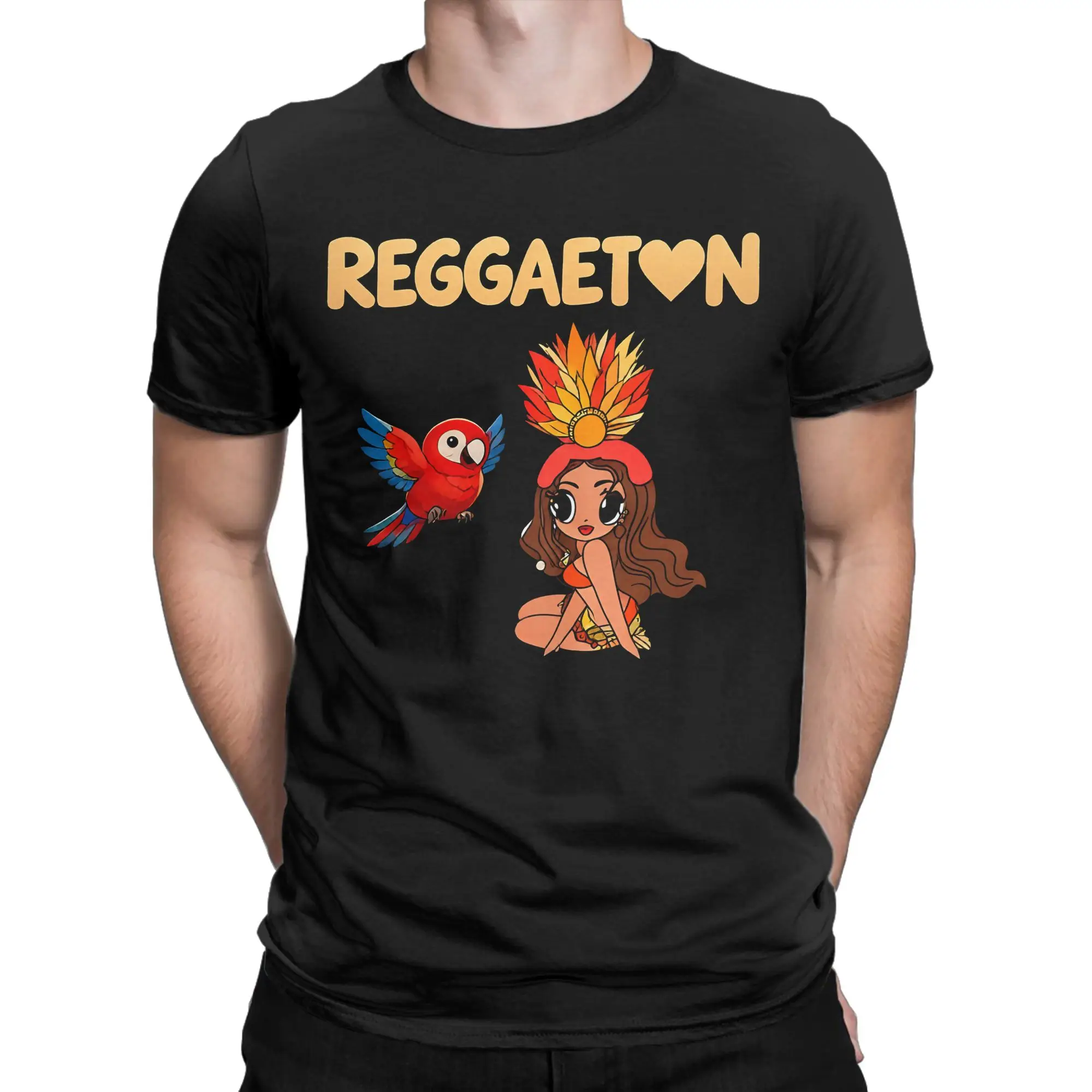 Karol G Feather Headdress Girl And Scarlet Macaw T-Shirt for Men  Cotton Tee Shirt Crewneck Short Sleeve T Shirts Clothes