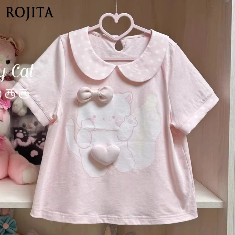 Kawaii 3D Cat Heart Pink T-Shirt 2026 New Polka Dot Peter Pan Collar Cute Top Daughter's Cute Short-sleeved Cotton Summer Top
