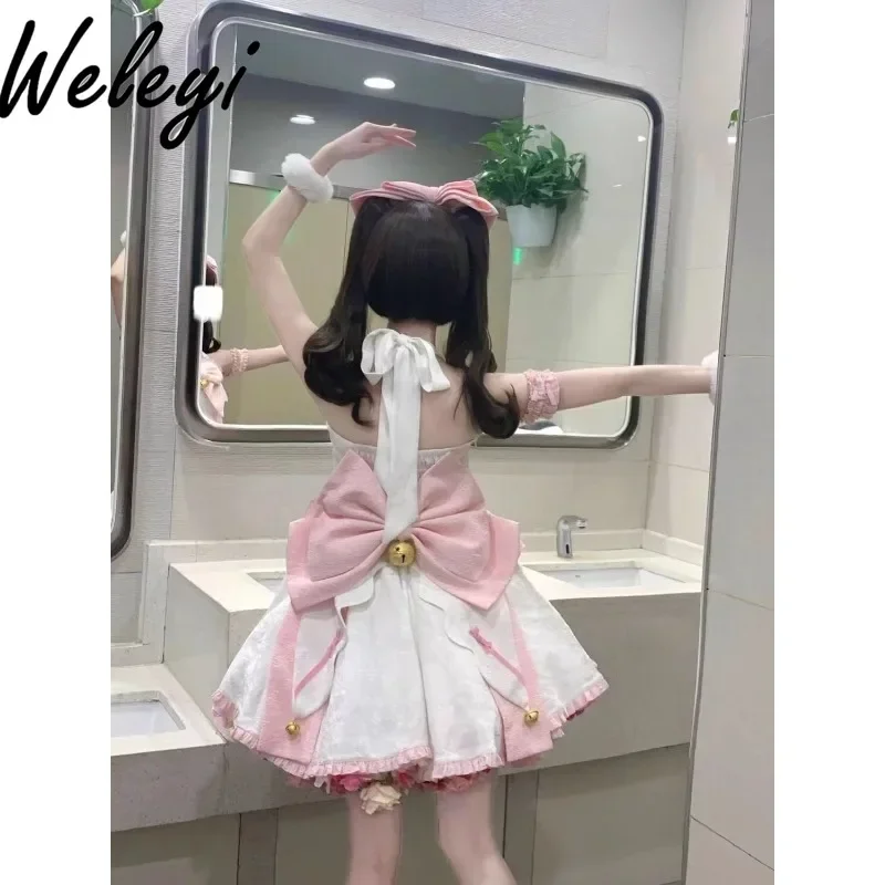 Sweet Lolita Light Pink Bow Dress Sukienki Ropa Mujer 2024 Spring and Summer New Magic Girl Halter Strap Princess Sling Sukienka