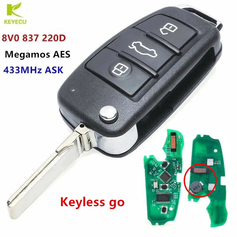 KEYECU Replacement Full Keyless go Smart Flip Remote Car Key Fob 434MHz For Audi A3 S3 2012 2013 2014 2015 8V0 837 220D