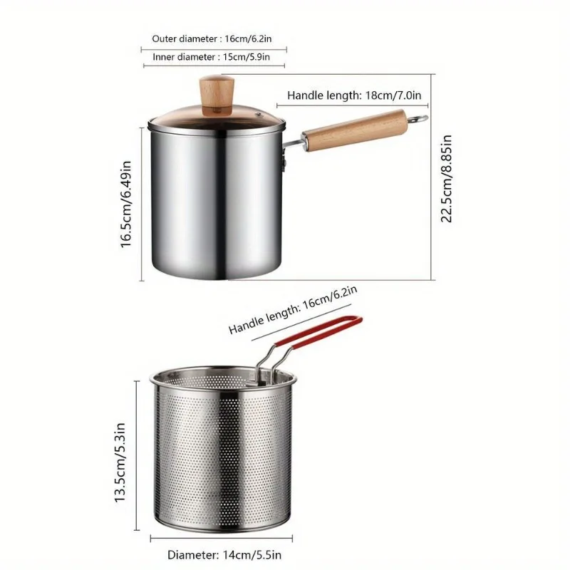 1PC Stainless Steel Deep Fryer Pot Small Deep Frying Pan with Strainer Basket for French Fries Chicken Kitchen Pans