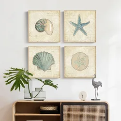 French Vintage Animal Sea Life Shell Canvas Painting Decorative Poster Prints Starfish Conch Prints for Study Wall Room Decor