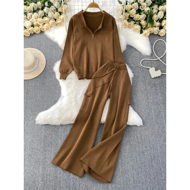 

Fashion Solid Color Suit Women 2025 New Design Sense Half Zip Slim Knitted Sweater Loose High Waist Wide Leg Pants Women 2-piece