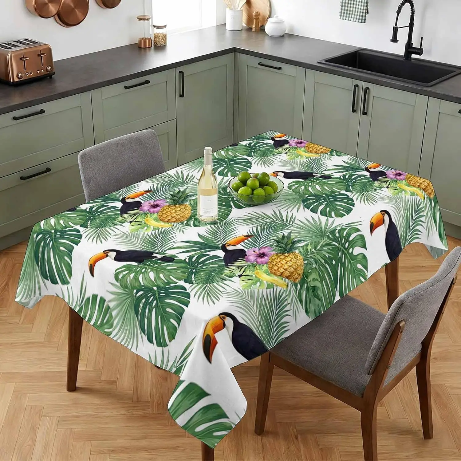 Summer Toucan Palm Leaves Monstera Tablecloth for Table Decor Tropical Pineapple Flower Printed Kitchen Table Cloth Party Decor