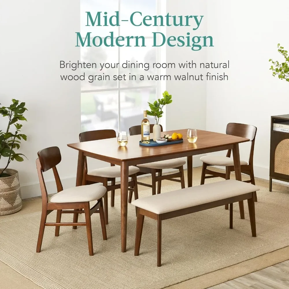 

Mid-Century Modern Table & Upholstered Chair Set w/Bench Seat, Rubberwood Legs, Dining Room Sets