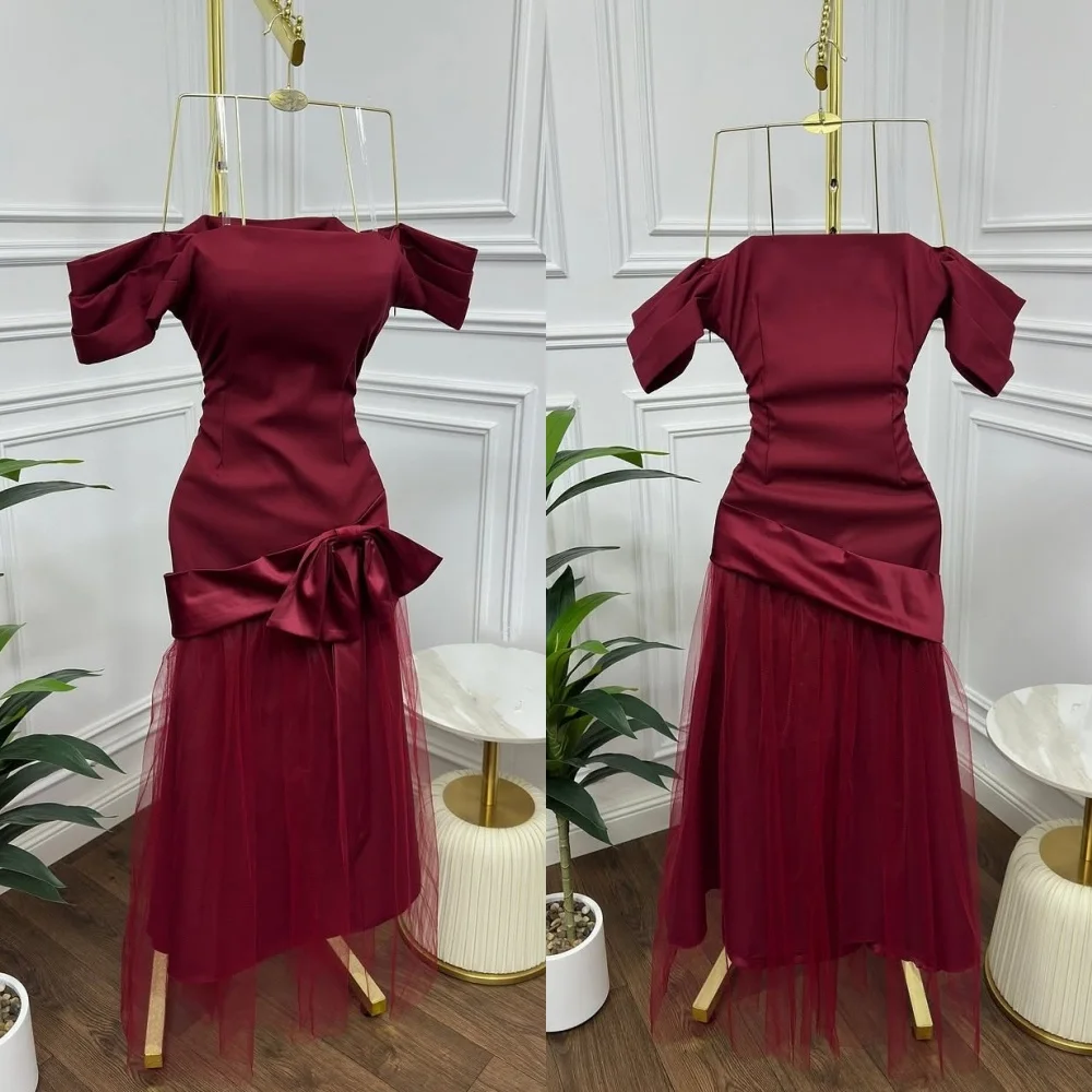 

Customized Charmeuse Bow Pleat Temperament Trumpet Off the Shoulder Midi Dresses Bespoke Occasion Elegant Party Gown Charming