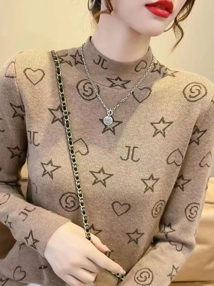 女性の両面フリース-f-ハイカラー長袖ベースシャツ秋冬ファッショナブルなプリント痩身暖かいトップス