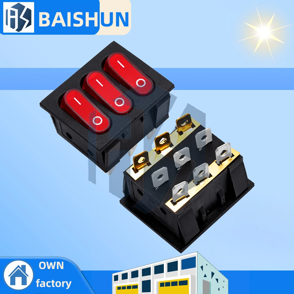 1 peça liga-desliga kcd3 9 pinos vermelho 16a/250v ac luz barco carro interruptor rocker kcd3 botão interruptor de luz triplo KCD3-303