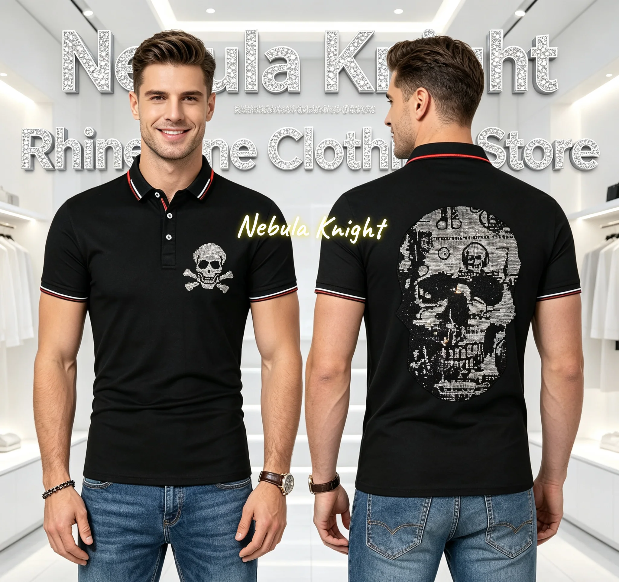 Men's Summer Casual Short Sleeve Polo Shirt Rhinestone Diamond Detail Breathable Fashion Daily Top