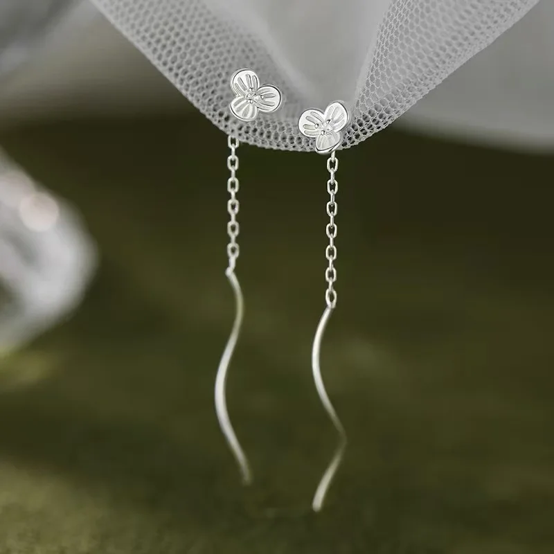 

Real 925 Sterling Silver Minimalist Flower Short Chain Tassel Ear Line Stud Earrings for Elegant Women Fine Jewelry Accessories