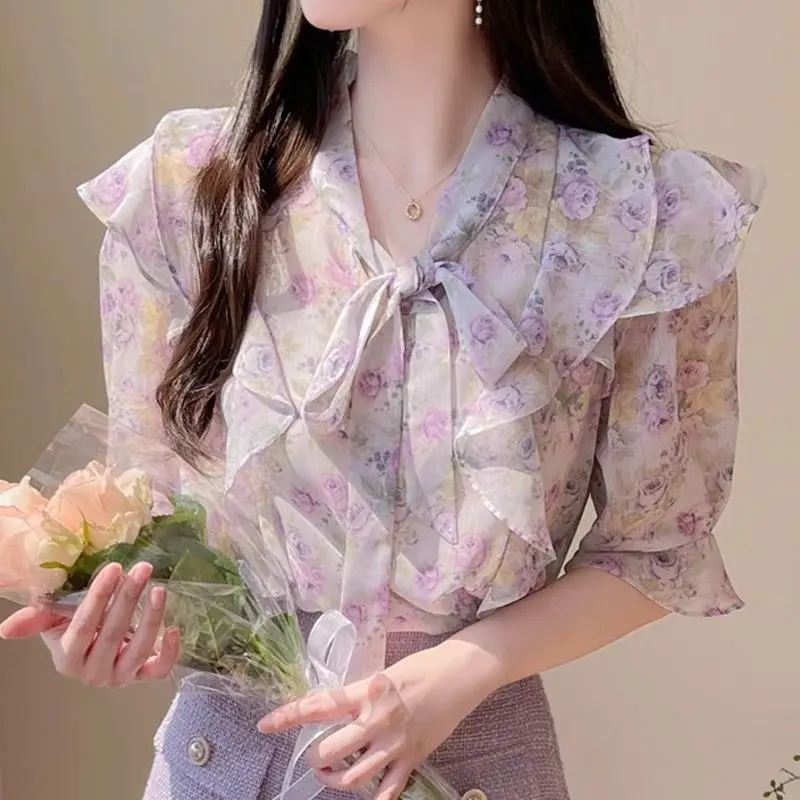 Floral Bowknot Chiffon Women's Short Sleeve Summer Ruffle Hem Printed Blouse