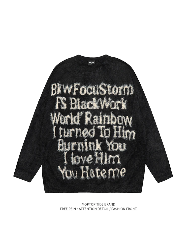 

Autumn Winter Streetwear Water Rabbit Fur Letter Embroidery round Ne Knitted Sweater Casual Sweatirt for Couples