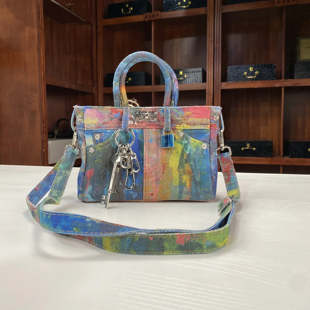 

Denim Handbag and Purse for Women Luxury Designer Color Printed Shoulder Bag High Quality Jeans Style Y2K Street Flowing Handba