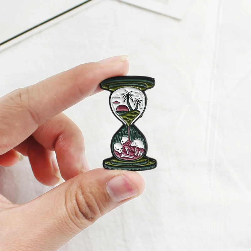 Coconut Tree Skull Skeleton Enamel Pins Personality Halloween Badge Gift Hourglass Pin Green Hourglass Lonely island Sunset