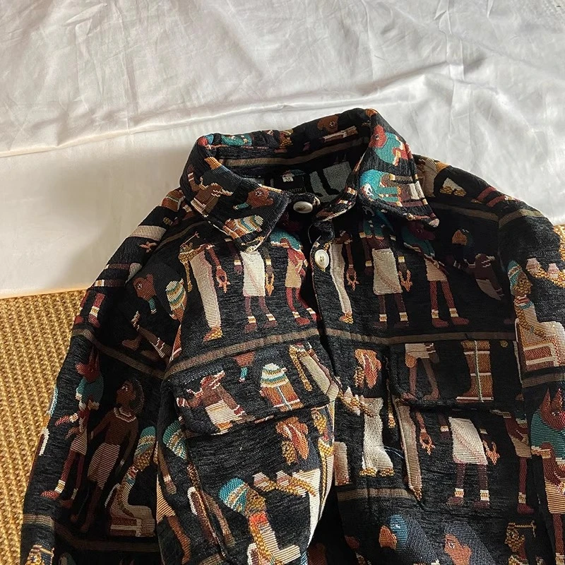 2025 Spring and Autumn New Embroidered Black Shirt Japanese Retro Style Men's Apricot Turn-down Collar Long Sleeve Loose Shirt