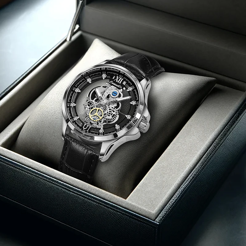 

Мужские стильные крутые кварцевые часы со скелетонизированным серебряным циферблатом, черные кварцевые часы из искусственной кожи