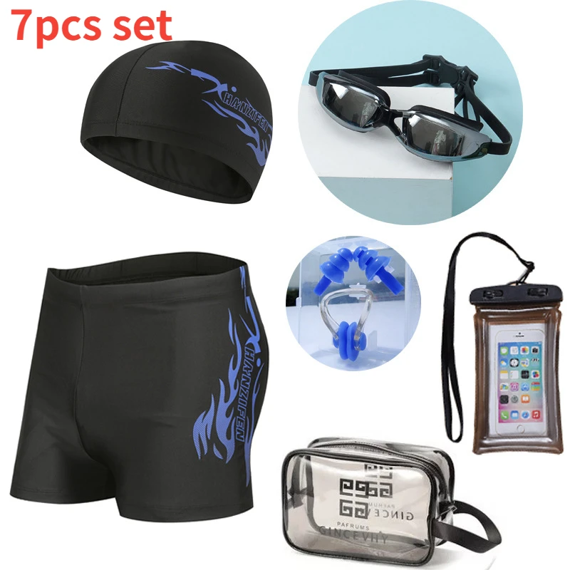 Professional Quick Dry Swim Trunks for Young Boys, Men's Boxer Shorts with Swim Cap Swimsuit Set, Swimming Equipment, 7Pcs