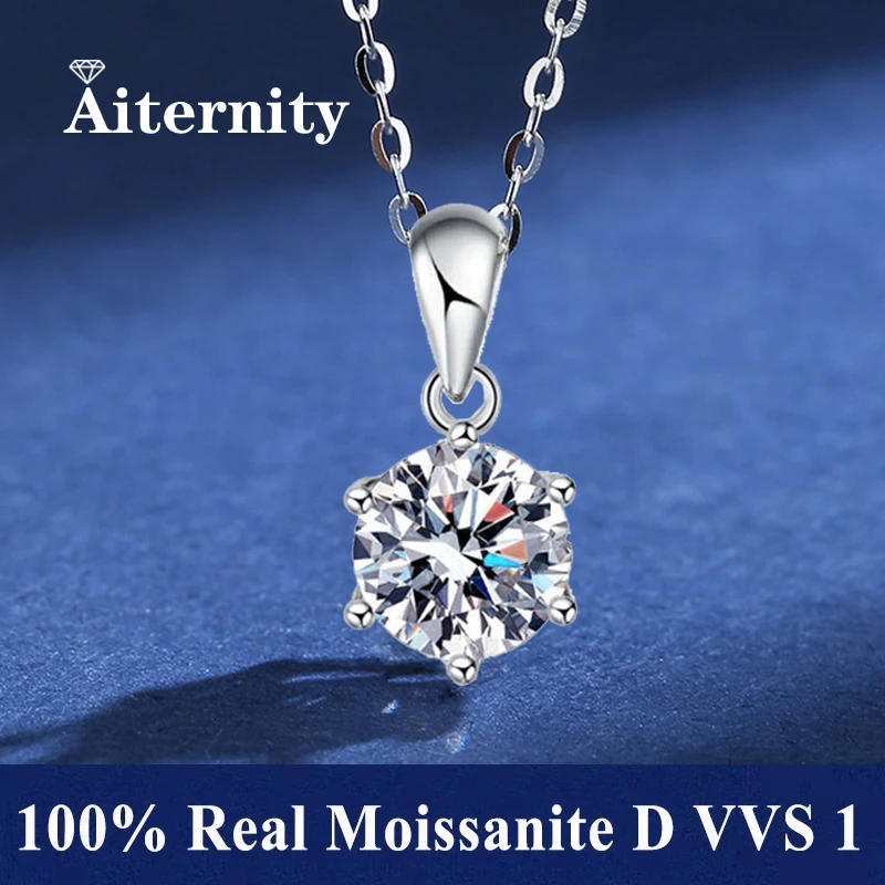Silver 925 6 Prong Moissanite Pendant Necklace for Women Trendy Design D Color VVS Pass Diamond Test Jewelry with Box GRA
