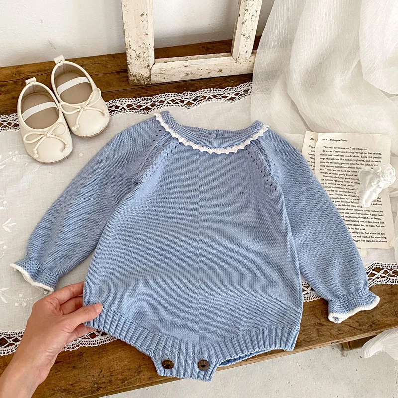 New autumn baby clothing, 0-3 year old girls, cotton lace collar long sleeved knitted jumpsuit, triangle top climbing suit