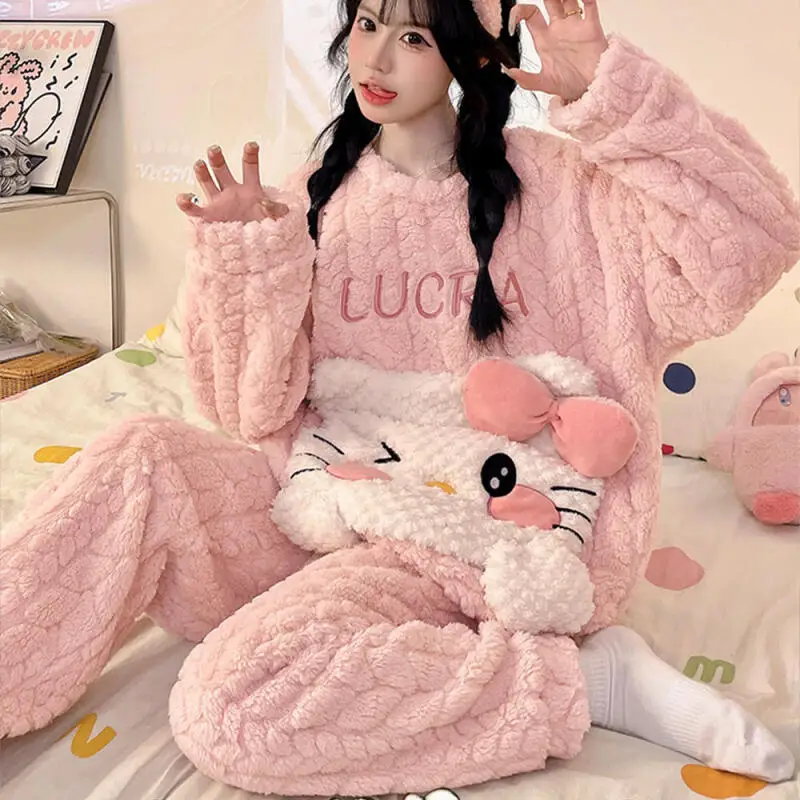 

Anime Hello Kitty Kawaii Long Sleeves Pants Winter Women Pajamas Set Autumn Thickened Plush Nightgown Girls Home Clothing Set