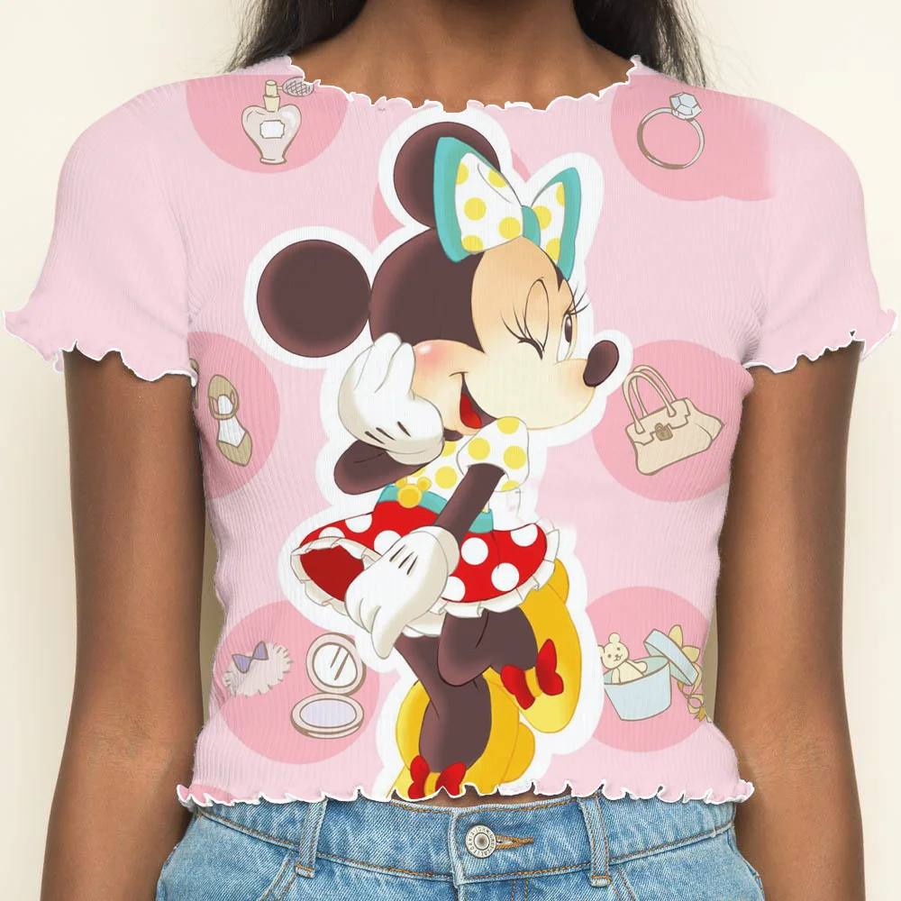 Crop Tops Sexys Minnie Mouse T-shirts Summer Clothes Women 2024 Woman Clothing Lettuce Trim Short Sleeve Y2k T-shirt Top Disney