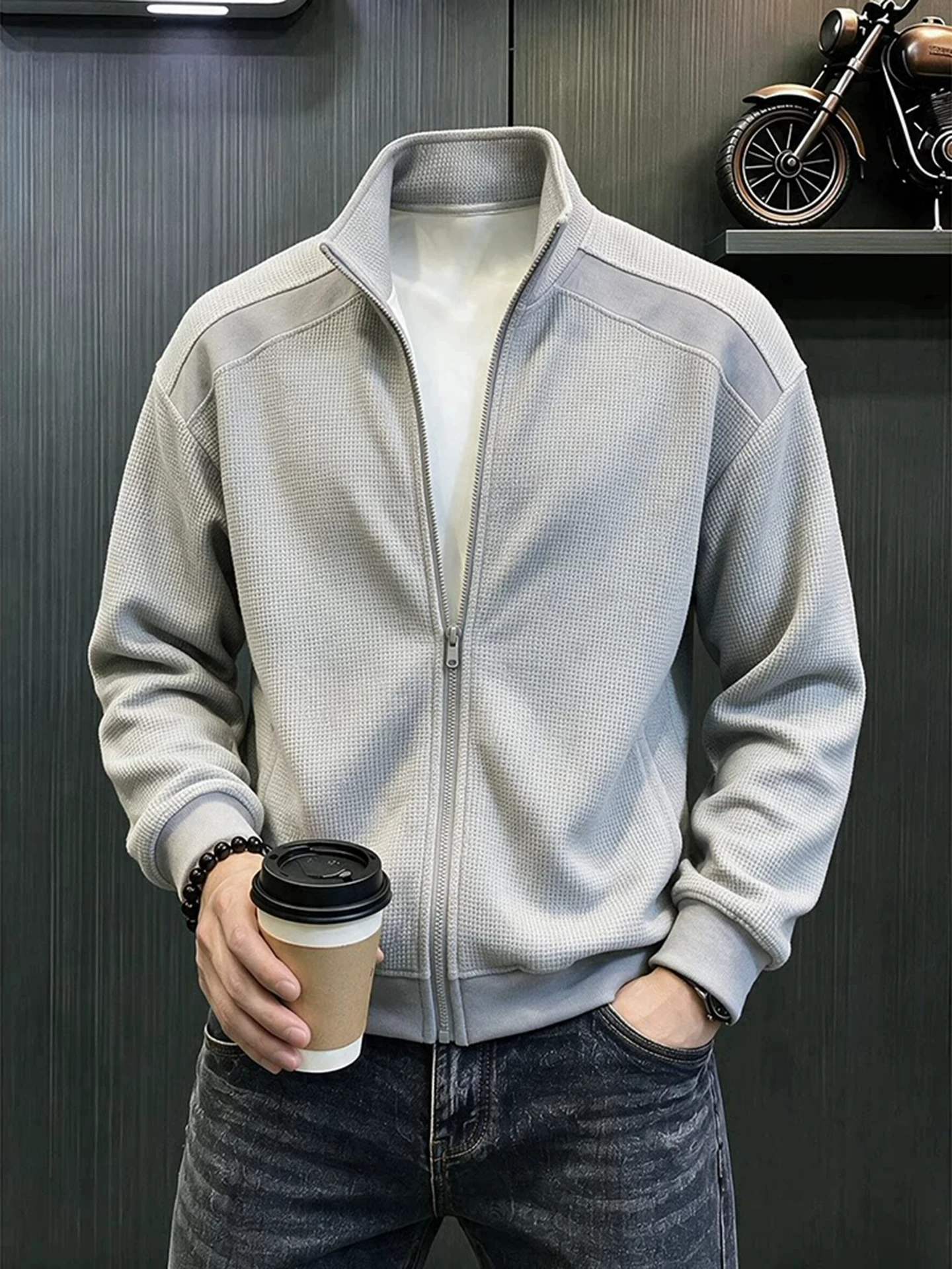 Cleanfit Men's Dragon Scale Pattern Open Cardigan Sweatshirt Casual Sport Jacket Deconstructed Patchwork Stand Collar Coat