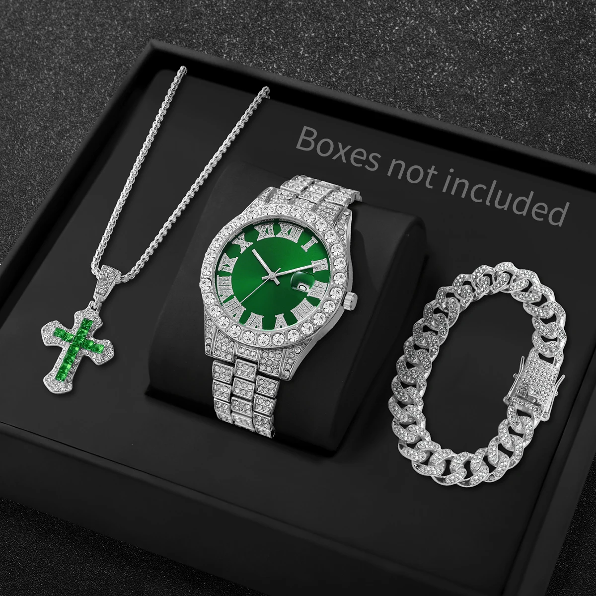 3PCS Luxury Full Diamond Men Quartz Watch Set with Necklace