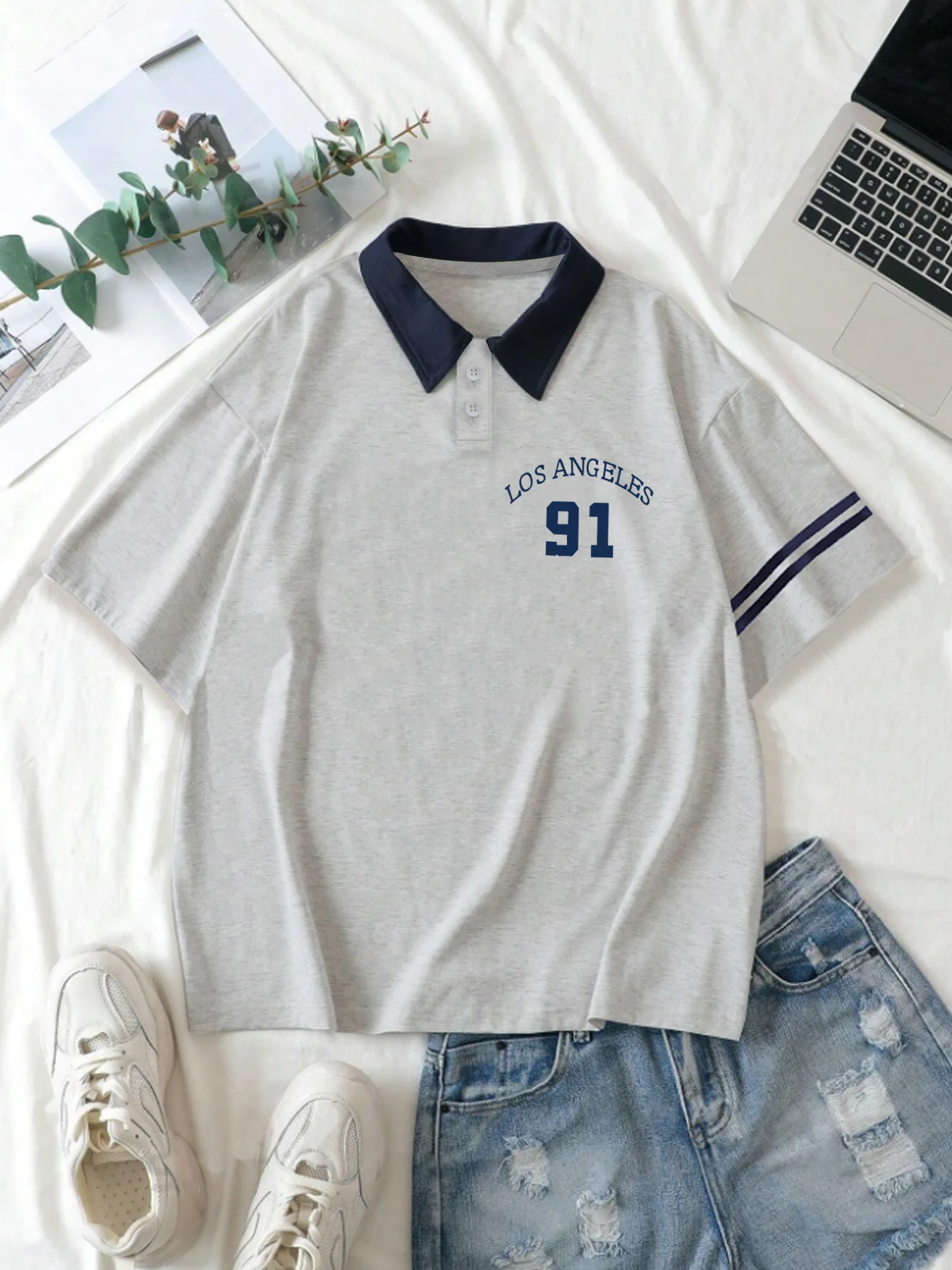 Los Angeles 91 Graphic Casual Golf Polo Shirt, Fashionable Versatile Short Sleeve With Collar And Sleeve Stripes, Streetwear Top